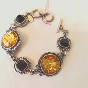 Cookie Lee Vntg Bracelet Yellow&Black Acrylic Stones Antq S-Tone Toggle Closer